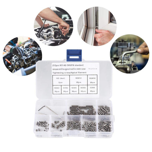 212Pcs M3 Inner Hex Concave End Stainless Steel Grub Screws Kit with Installing Tools