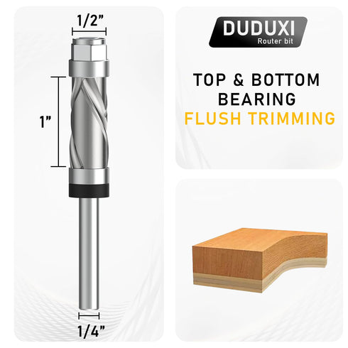 1/4 2+2 1/2" 1" Trimming Carbide Compressiom Flush Trim Router Bit Shank, Top & Bottom Bearing, Flute, Cutting Dia