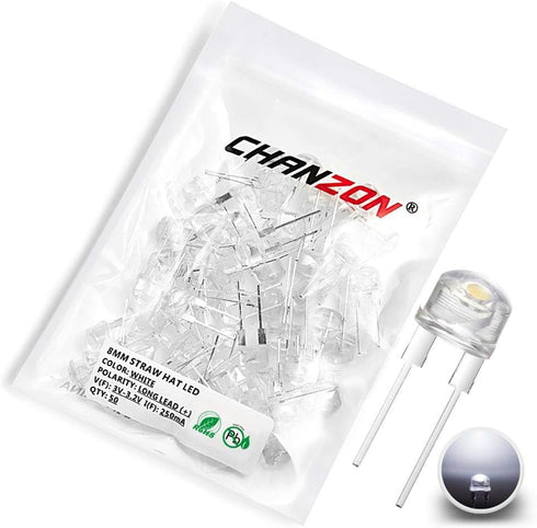 CHANZON 50 pcs 8mm White LED Diode Lights (Straw Hat Clear Transparent DC 3V 250mA) for Electronics Components