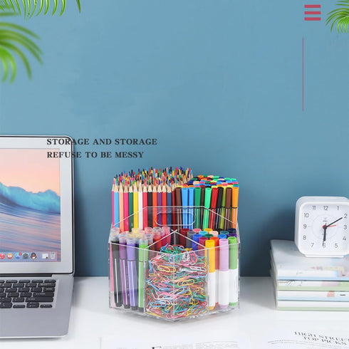 OIF Acrylic Pen Holder, 360-Degree Rotating Pencil Organizer with 6 Compartments for Kids, Office Desk