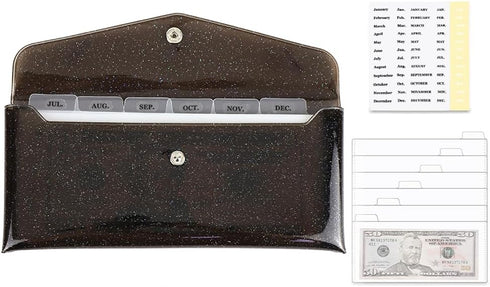 NatSumeBasics Cash Envelope Wallet, Black Glitter Budget Wallet with 6pcs Money Dividers and Tab Stickers