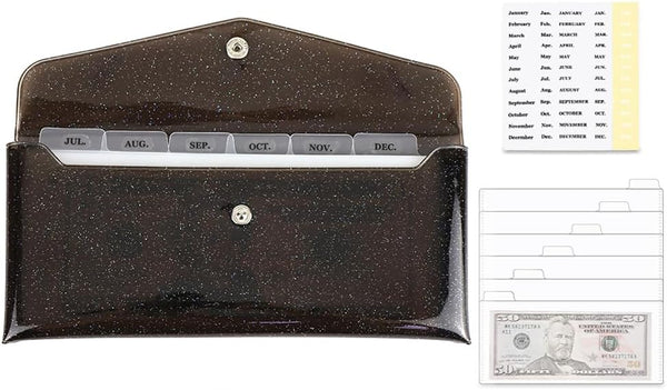 NatSumeBasics Cash Envelope Wallet, Black Glitter Budget Wallet with 6pcs Money Dividers and Tab Stickers