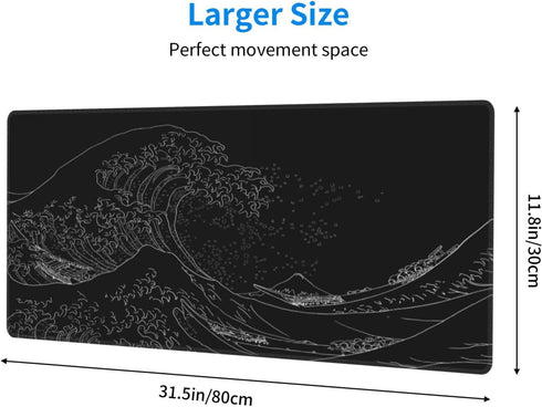 Japanese Sea Wave Large Mouse Pad, Anime Black Gaming, Extended Kanagawa Mat Desk Pad, 3mm Thick Long Non-Slip Rubber Base Mice Pad, 31.5 X 11.8 Inch by Brecoy