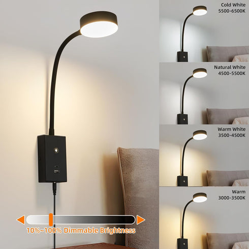 NOVCAND 5 Dimmable LED Wall Mounted Reading Light for Bed, Flexible Gooseneck Book Light for Wall Bedside Lamp