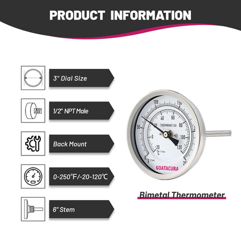 Bimetal Thermometer, Full Stainless Steel, 3" Dial Size, 6" Stem, 1/2" NPT Back Mount, 0-250 Deg F/-20-120 Deg C