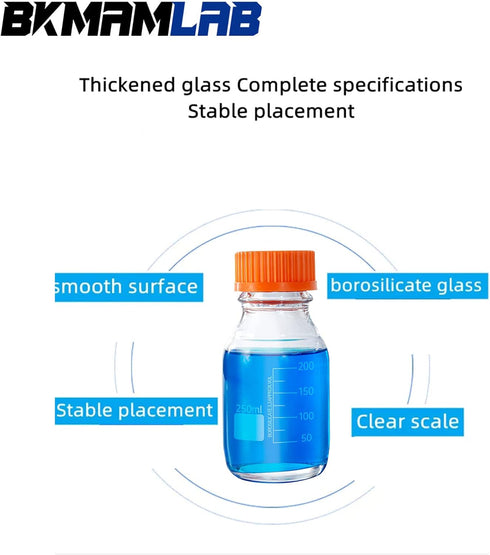 250ml Round Media Storage Bottles Pack of 3, Borosilicate Glass with GL45 Screw Cap, Max Temp 249.8°F