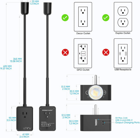 3 Plug in LED Wall Mounted Reading Light, Black Flexible Wall Sconce Spot Light with Power Plug Extension Outlet