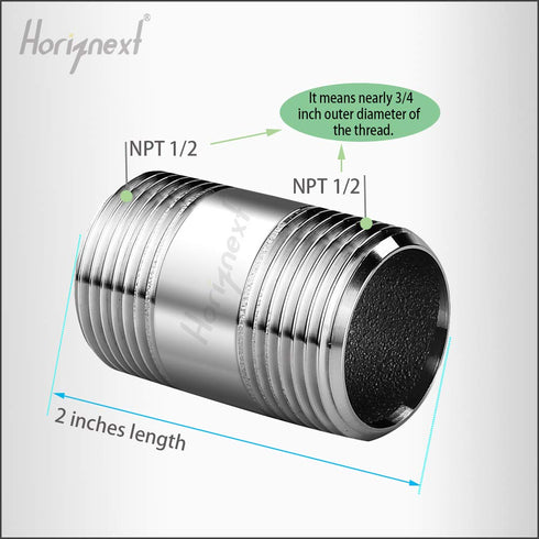 Stainless Steel 304 Pipe Nipple NPT, 1/2 Male Threaded Cast Fitting, 2 Inches Length Tube Sleeve