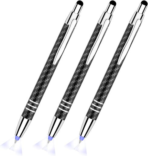 Glovion 3-in-1 Lighted Tip Pen with Stylus, LED Penlight, Ballpoint Pen for Writing in the Dark, Pack of 3, Blue Light