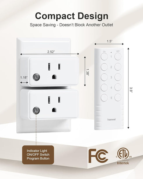 200FT 15A/1875W (5 2 Remote Control Outlet, Long Range Wireless Light Switch, Mini Remote Outlet Plug, High-Power