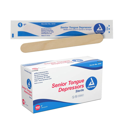 Dynarex Tongue Depressors, Sterile, 6" Senior-Sized Length, Made from Beige Birch Wood,