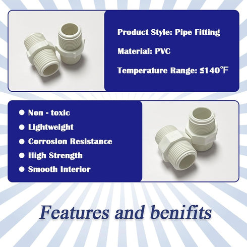 12PCS 3/4 Inch PVC Pipe Fitting Hex Nipple, G3/4 Male X G3/4 Male Coupling Adaptor for Plumbing