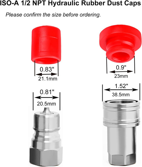 1/2 ISO-A & ISO5675 Hydraulic Quick Coupler Male Dust Cap and Female Plug Cover, Red Rubber with Retention Ring