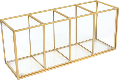 Pencil Holder for Desk, Tempered Glass Pen Holder, 3&4 Compartments Desktop Storage Organizer for Office Supplies