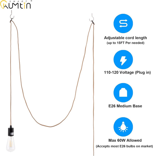 15 E26 1-Pack Feet Plug in Pendant Light, Pendant Light Cord Kit, Bronze Hanging Light Kits with ON/Off Switch, Socket