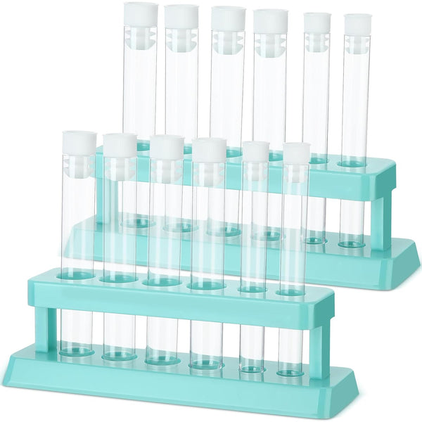 2 Sets Clear Plastic Test Tubes with Caps and Rack, 6 Holes Holder for Nurse Party Decorations, Scientific Experiments