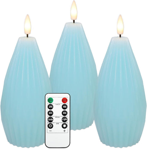 Blue Ribbed Flameless Candles with Remote Flickering Realistic Battery Powered LED Real