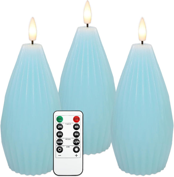 Blue Ribbed Flameless Candles with Remote Flickering Realistic Battery Powered LED Real