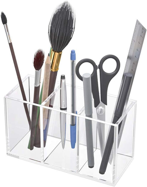 NIUBEE Acrylic Pen Holder 3 Compartments, Clear Pencil Organizer Cup for Countertop Desk Accessory Storage by NIUBEE