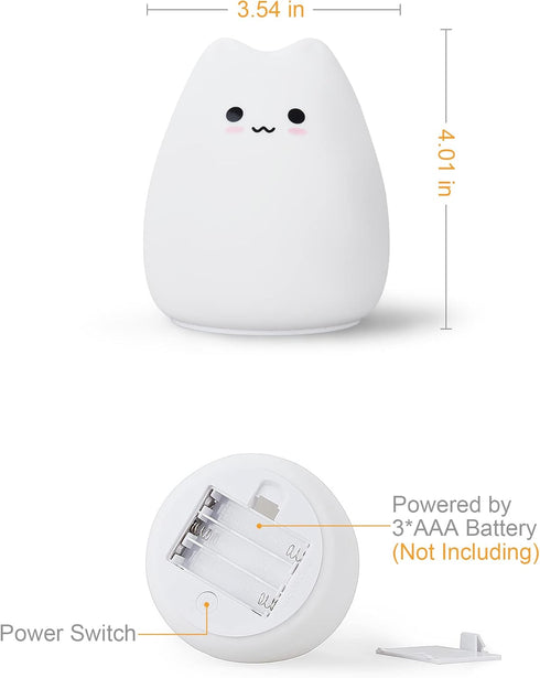 7-Color LED Cat Night Light, Battery Powered Night Light for Kids, Silicone Multicolor Cute Lamp with Warm White