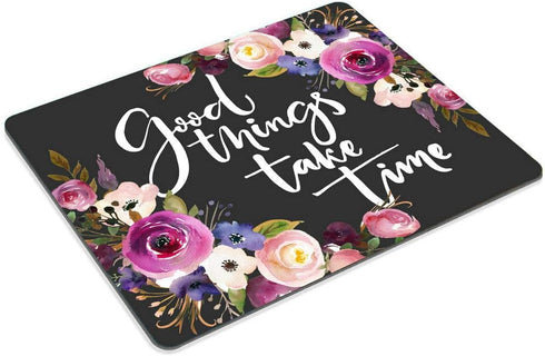 Smooffly Custom Office Mouse Pad, Good Things Take Time Motivational Quote, Rectangle Pink Bordo Violet Floral