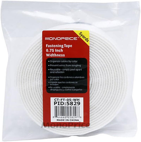Monoprice Hook and Loop Fastening Tape, White, 0.75in, 5 Yards Per Roll