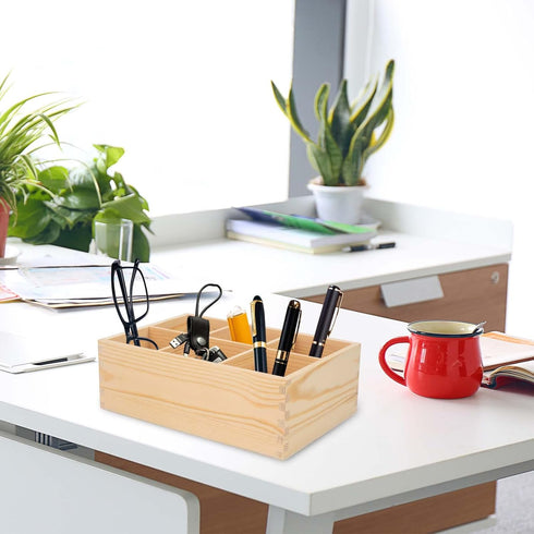 Wood Pen Holder, Unfinished Wooden Caddy with 6 Compartments for Art Supplies, Remote Control, and Desktop