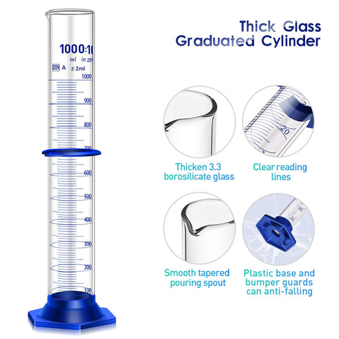 Thick Glass Graduated Cylinder Measuring Liquid Lab Cylinders with Anti-falling Plastic Base and Bumper Guard (1000ML)