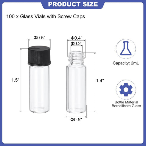 PATIKIL 2ml Clear Glass Vials, 100 Pack Sample Vials with Screw Cap Reagent Media Bottle Leak-Proof Liquid Sample Glass Vial for Lab Laboratory