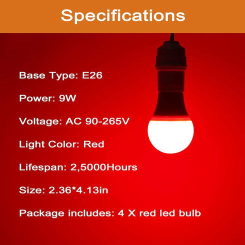 GREENIC Red Light Bulbs, 9W (60 Watt Equivalent), E26 Base A19, Red LED Lights for Bedroom, Porch, Holiday, Party, 4