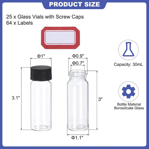 PATIKIL 30ml Clear Glass Vials, 25 Pack Sample Vials with Screw Cap Reagent Media Bottle with Labels Leak-Proof Liquid Sample Glass Vial for Lab Laboratory