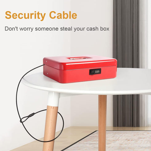 Jssmst Large Locking Cash Box with Money Tray, Metal Money Box with Combination Lock, Cash Safe with Security Cable, Red