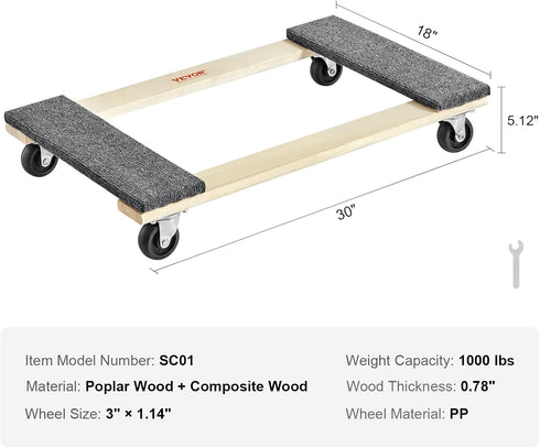 1000 lbs 18" 30", 4 3 1 Pack VEVOR Furniture Dolly, Load Capacity, x x PP Swivel Casters, Heavy Duty Hardwood Furniture