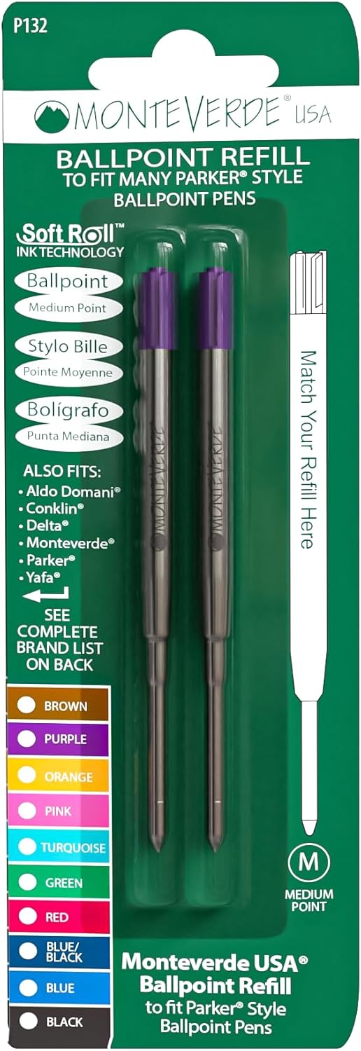 Monteverde Ballpoint Refill, Medium Point, Soft Roll, Pink - 2 per Pack, Fits Parker Ballpoint Pens (P132PK)