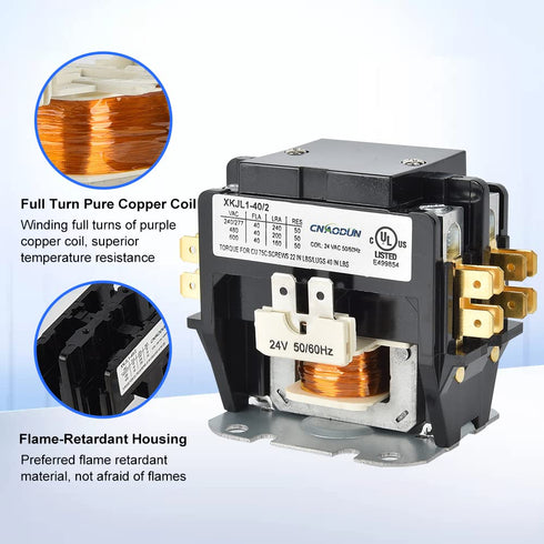 HVAC Contactor, CNAODUN 40 Amp 24V Coil 2 Pole Compatible with Air Conditioner, Compressor, Refrigeration Systems
