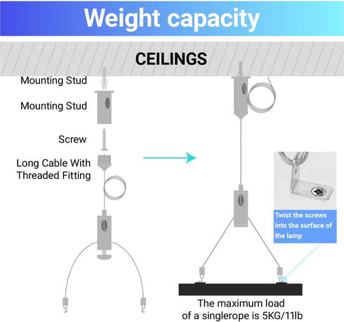 4 Set 5ft Commercial HAMRVL Aquarium Light Suspension Cables Kit - Adjustable Steel Hanging Chains Lighting Fixture