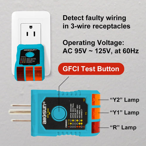 allsun GFCI Electrical Outlet Receptacle Tester,Circuit Tester,GFCI Detect Faulty Wiring Status Socket Checker,Standard 95-125 VAC, 3-Wire Light Improper Wiring Indicator(EM9805)