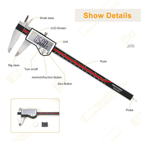 Digital Caliper, 8" Waterproof Electronic Vernier Caliper, Industrial Stainless Steel Measuring Tool with Large LCD