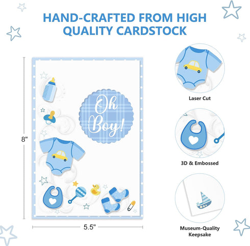 D24TIME 3D 5.5 8in New Baby Boy Card - Blue Baby Shower Card for Boy Welcome Newborns Congratulations Birth