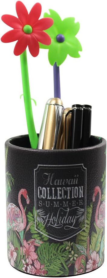 Retro Pen Container, PU Leather Office Desk Accessories, Round Pencil Holder Organizer with Flamingos Design