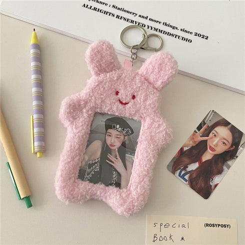 White Cartoon Plush Photocard Holder - Outdoor Girl Korean Style ID Card Cover, Protective Case for Student Badges