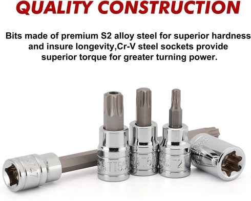 48-Piece 3/8" Set, 6-Inch S2 CASOMAN Drive Master Torx Bit Socket and External Torx Socket Extra Long, CR-V & Steel