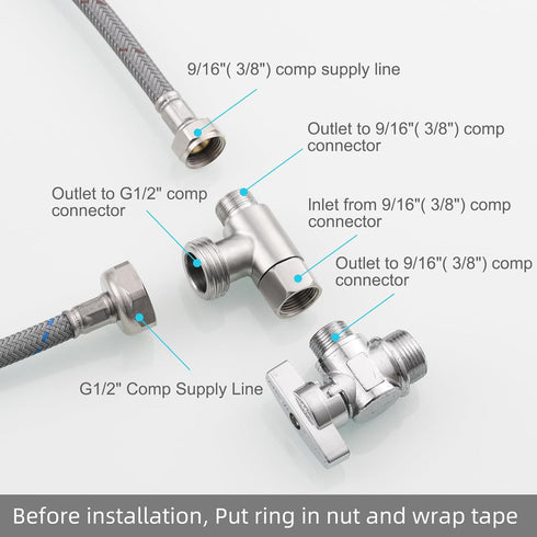 3-way 3/8" and 1/2" Adapter Tee Connector, Stainless Steel 3/8" Water Line T Fitting, Brushed Nickel, 1 PCS.