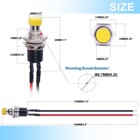 Twidec 12PCS Momentary Push Button Switch, 2 Pins ON/Off SPST with Pre-soldered Wires, 6 Colors