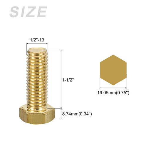 Hex Head Screw Bolt (1/2-13x1-1/2"), 2Pcs Brass Fully Threaded Solid Hex Bolts for Machinery Repair