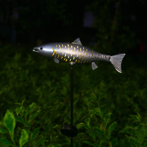 (Silver-2) KAIXOXIN Solar Garden Lights Metal Fish Decorative Stake for Outdoor Patio Yard Decorations,Warm White LED
