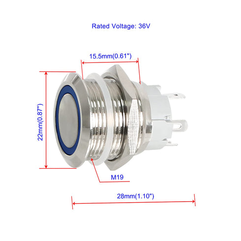 Latching Push Button Switch 36V Waterproof Stainless Steel Metal 3/4" Mounting Hole Blue LED SPST Switch for Electrical Equipment, 2 Pcs, Flat Round
