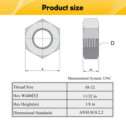 Mriuuod 100pcs #8-32 11/32" 1/8" 304 8-32 Hex Nuts, Width, Height, Stainless Steel, Hex Drive, UNC Small Nuts