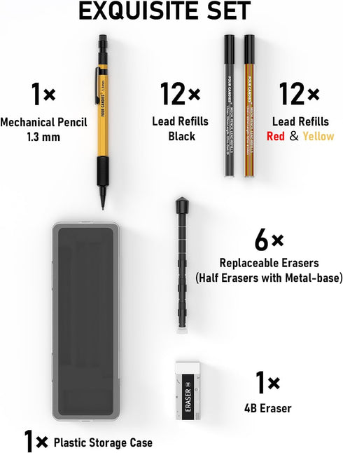 Four Candies 1.3mm Mechanical Pencil Set with Case, Metal Heavy Duty Outdoor Carpenter Pencil with 24 Refills