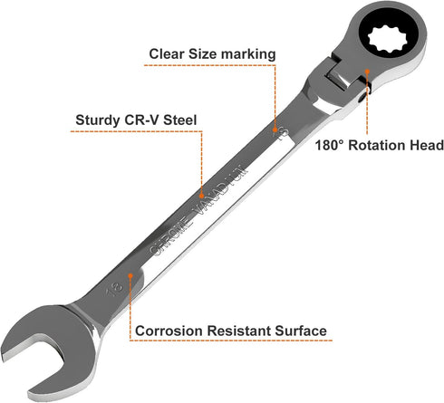 Egofine 18mm Ratchet Wrench Flex Head, Ratcheting Combination Wrench Metric, Industrial Grade Gear Spanner with 12 Point Box End, 72-Teeth Ratchet, Chrome Vanadium Steel